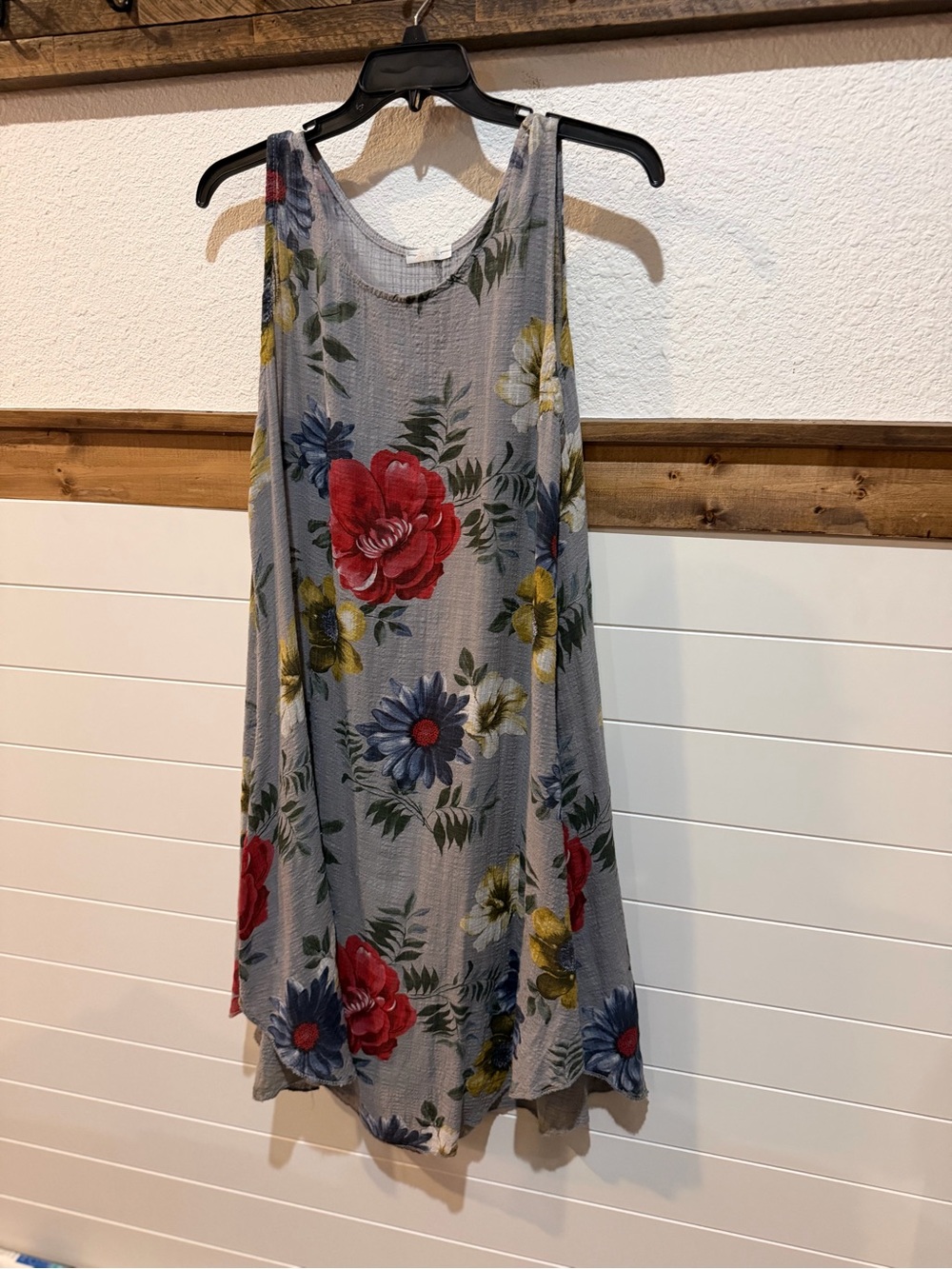 Sleeveless Gray Tank Dress with Red & Blue Floral Print